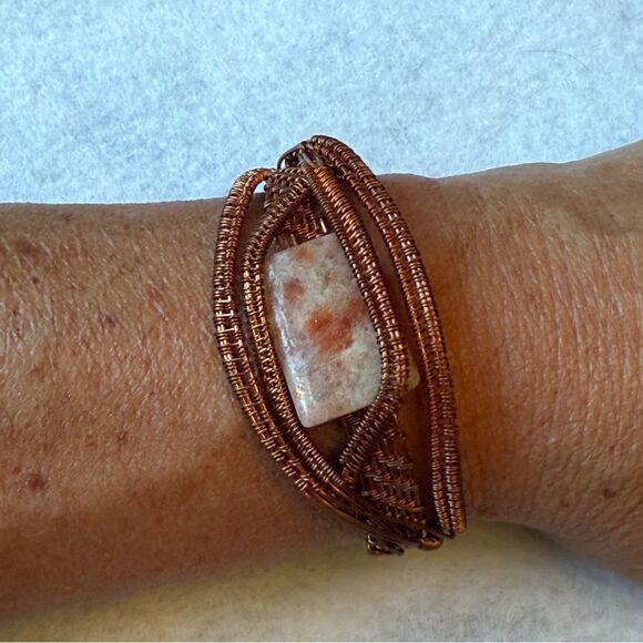 Handcrafted Copper Wire Wrapped Sunstone Bracelet Boho Artisan Bracelet - Picture 5 of 7
